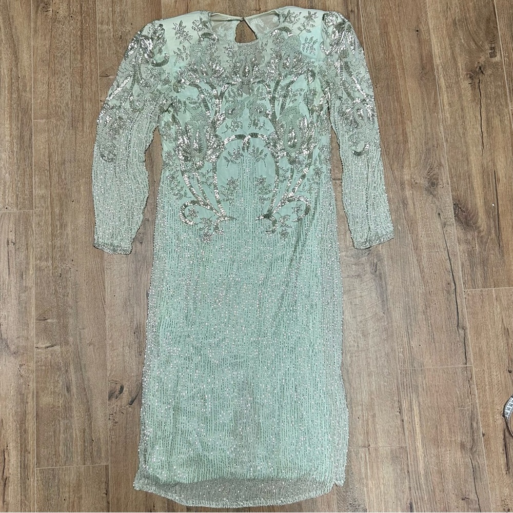 ❌SOLD He-Ro Industries |Vintage 100% Silk Mint Green Fancy Beaded Dress Size 10 - Picture 2 of 16